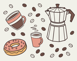 Cute coffee break with moka pot and donut