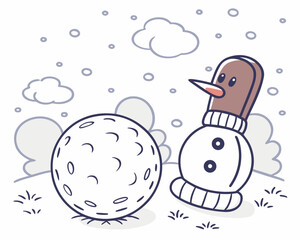 Cute snowman and snowball in a winter landscape