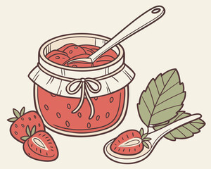 Jar of delicious strawberry jam with fresh strawberries and a spoon