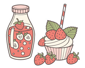 Sweet strawberry drink and cupcake illustration