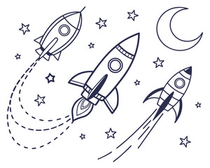 Three cartoon rockets flying through space with stars and a moon