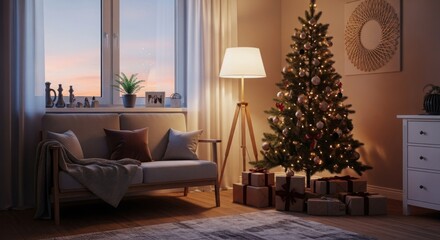 Christmas tree and sofa in cozy living room at evening