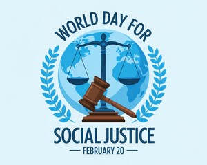 World day for social justice with scales gavel and globe against a light blue background graphic image