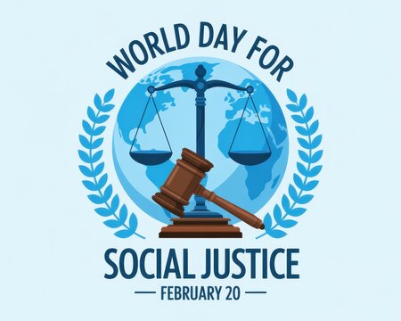 World day for social justice with scales gavel and globe against a light blue background graphic image - Powered by Adobe