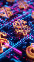 Fototapeta premium Glowing neon dollar symbols on digital circuit board representing fintech and cryptocurrency. 