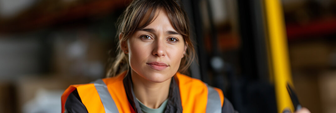 A determined woman in safety gear is seen in a warehouse, highlighting professionalism and diligence in her work environment, making a strong impression of dedication.