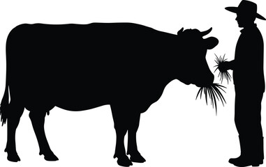 Silhouette illustration of farmer feeding cow with grass in hand, rural livestock concept, agriculture, cattle care, countryside lifestyle, vector design