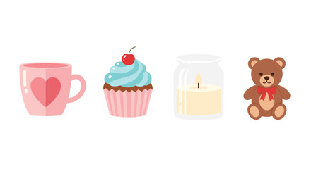 Cute pink mug with heart cupcake candle and teddy bear, Generative AI.