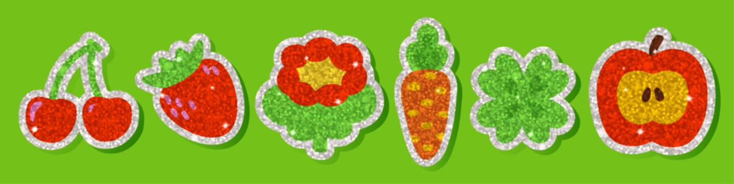 Glitter sticker collection with cherries, strawberry, flower, carrot, clover, and apple shapes. Sparkly sequin texture shines with bright light reflections. Fun retro style with vibrant glossy finish.