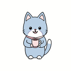 Adorable blue cat character holding a pink coffee mug with a scarf