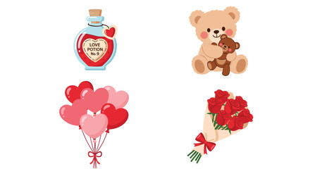Cute Valentines Day Icons Collection with Teddy Bear and Love Potion, Generative AI.