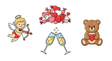 Cute Valentines Day Icons Collection with Cupid Teddy Bear and Champagne Glasses, Generative AI.