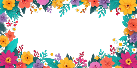 Colorful Floral Frame: A vibrant frame of colorful blossoms and lush foliage encircles a blank space, creating a perfect canvas for text or design, perfect for springtime, invitations.