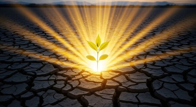Glowing plant sprout emerging from cracked, dry ground with golden rays of light shining outwards. Concept of hope, resilience, transformation, and conquering environmental crisis. New life in the des