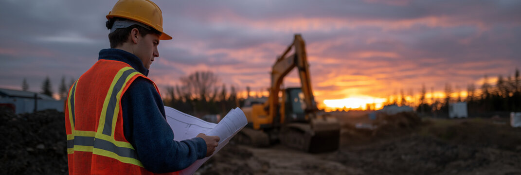 A construction worker in a hard hat surveys blueprints against a scenic sunset backdrop, illustrating dedication and focus within the construction industry during twilight hours.