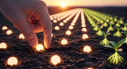 Hand placing a glowing seed into the soil next to rows of illuminated sprouts at sunset. Concept of precision agriculture, genetic engineering, and technological planting. Farmer managing the field
