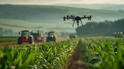 Agriculture drone hovering above green crop field with tractors in background, modern precision farming technology concept