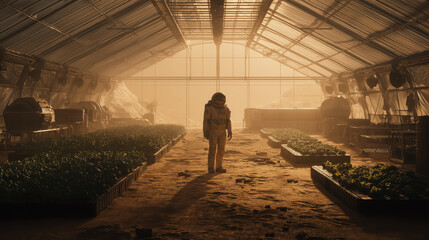 Astronaut tending plants inside futuristic Mars greenhouse with golden sunlight and advanced life support systems