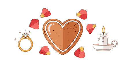 Heart shaped cookie with engagement ring and candle for romantic celebration, Generative AI.