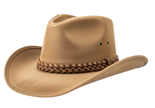 Classic leather bush hat with braided band on black background