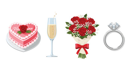 Heart Shaped Cake Champagne Roses and Diamond Ring Celebration, Generative AI.
