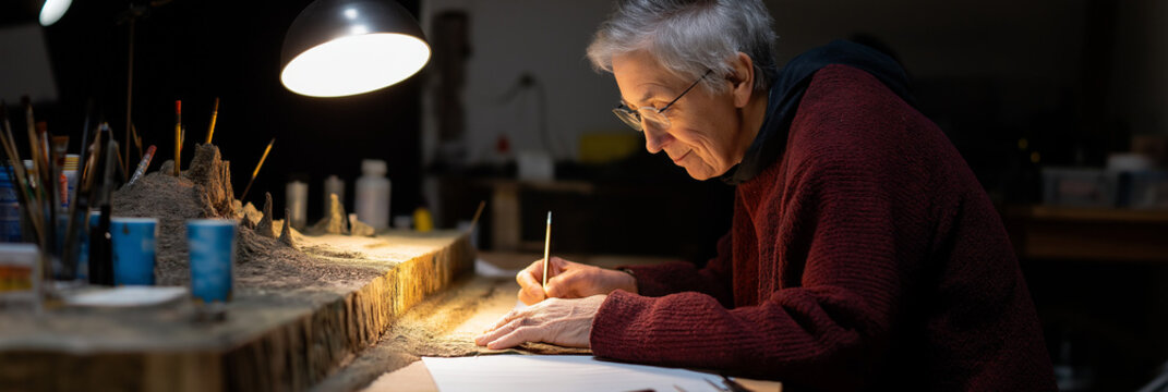 An artist focused on creating a detailed illustration, utilizing natural light from a lamp, capturing the essence of creativity and dedication in a cozy workspace.
