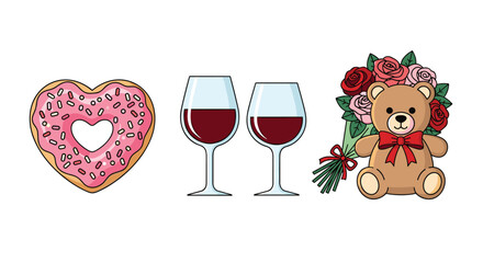 Heart shaped donut two glasses of red wine and a teddy bear with flowers, Generative AI.