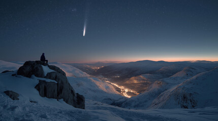 Person watching bright comet streak across starry night sky from snowy mountain peak overlooking illuminated valley