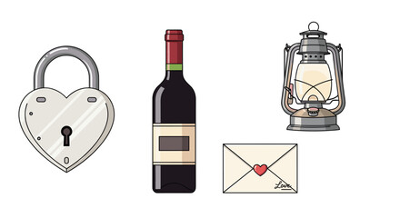 Heart shaped padlock wine bottle lantern and love letter, Generative AI.