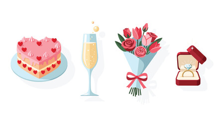 Romantic Celebration Elements Heart Cake Champagne Flowers Engagement Ring, Generative AI.