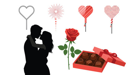 Romantic Couple Kissing Surrounded by Valentines Day Symbols, Generative AI.