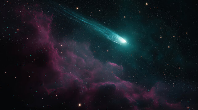Bright glowing comet traveling through colorful nebula in deep space with vibrant stars and cosmic dust
