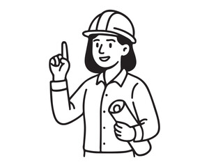 Female construction worker with helmet and blueprints pointing up showing a great idea for a new project with line art in black and white