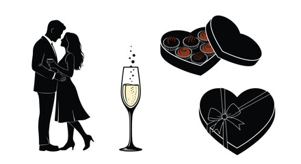 Romantic Couple Dancing With Champagne and Heart Shaped Chocolate Box, Generative AI.