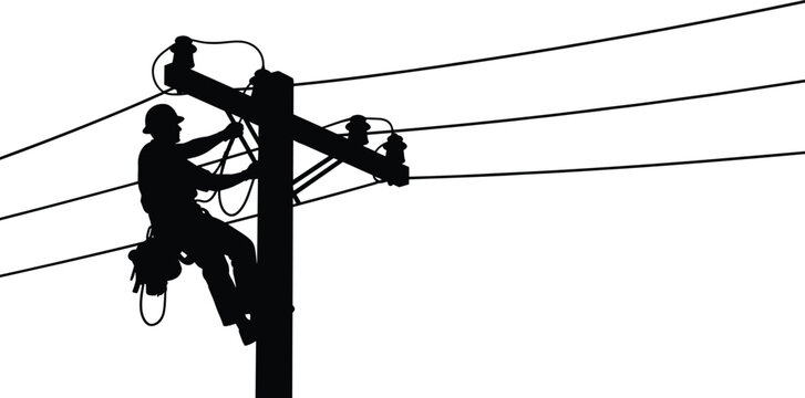 Electrical lineman working on power pole, utility worker repairing electrical cables, energy maintenance and safety concept, high voltage service vector illustration, isolated silhouette design