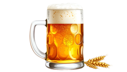 A clear glass stein filled with golden beer and fluffy foam, with a sprig of wheat