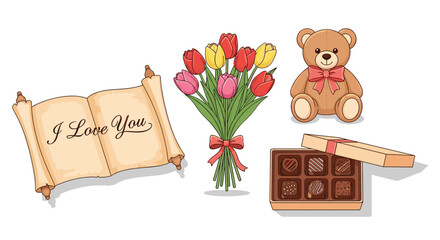 Romantic Gift Set with Flowers Chocolate Teddy Bear and Love Letter, Generative AI.