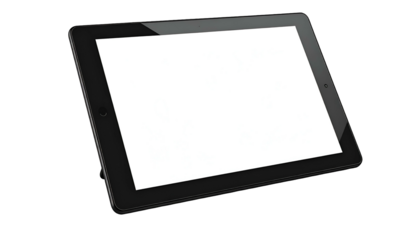 A black, rectangular touchscreen device angled, displaying a blank white screen, isolated on black