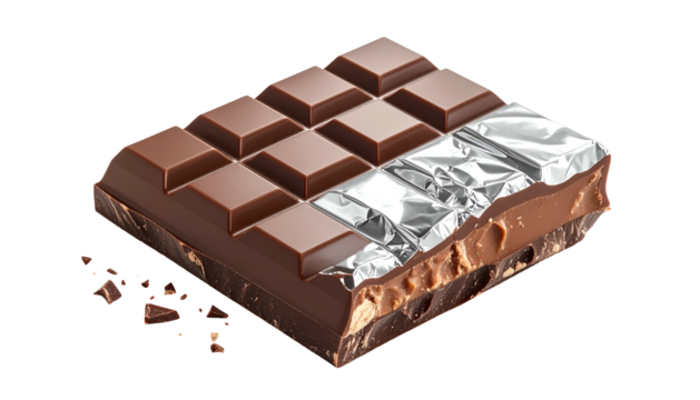 A partially unwrapped chocolate bar showing both pristine squares and a textured inner layer