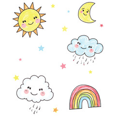 Whimsical Sunshine and Rainbow Cloud Artwork