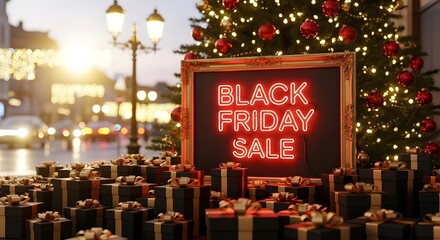Vibrant red neon Black Friday sale sign surrounded by numerous gift boxes in front of a decorated Christmas tree on a city street