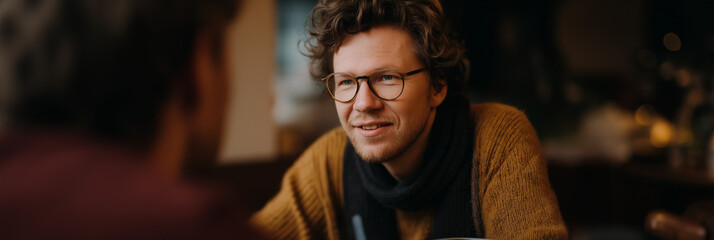 Two individuals engaged in a warm conversation over coffee in a cozy café setting, highlighting the joy of human connection and the comfort of sharing moments with others.
