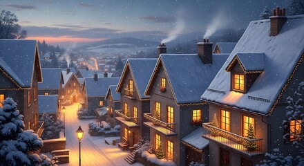 Cozy european village street scene at dusk with snow covered rooftops and warmly lit windows