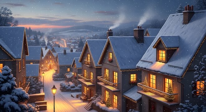 Cozy european village street scene at dusk with snow covered rooftops and warmly lit windows - Powered by Adobe