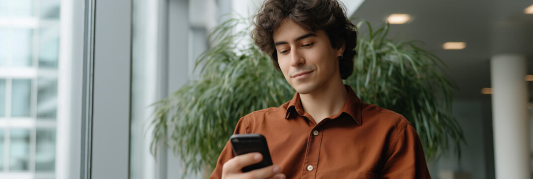 A young man focused on his smartphone while seated near a window with greenery in the background, illustrating the modern-day relationship with technology and leisure moments.