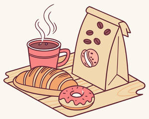 Cozy morning coffee break with croissant and donut
