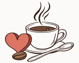 Cup of coffee with heart and coffee beans