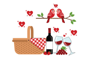 Romantic Picnic with Love Birds and Wine, Generative AI.