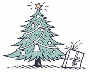 Drawn christmas tree with ornaments and gift