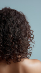 Back view of woman with natural curly hair against neutral background.
